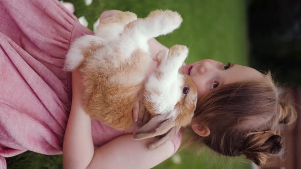 Child Girl in a Pink Dress Hugs an Easter Brown Rabbit Sitting in a Meadow with Green Grass in