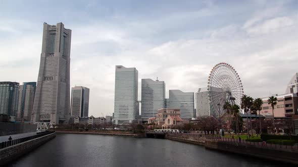 Yokohama Skyscrapers on Sea Waterfront Timelapse