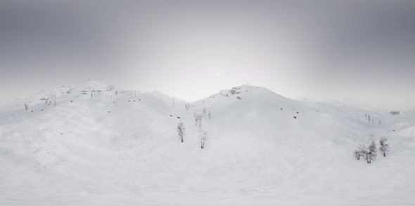 VR 360 Camera Moving Above Snow Rocky Mountains