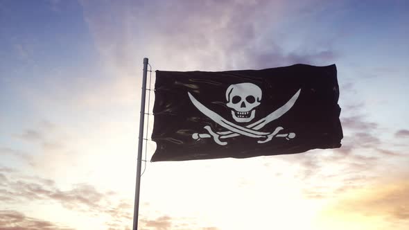 Realistic Pirate Flag Waving in the Wind Against Deep Dramatic Sky