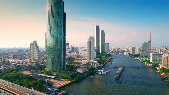 Aerial view over Bangkok city and Chao phraya river