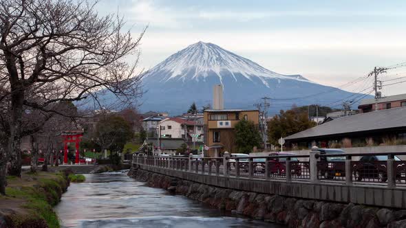 Mount Fuji Foot Town Cars on Bank Sunset Timelapse