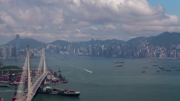 Cityscape Hong Kong Stonecutters Bridge Over Sailing Vessels