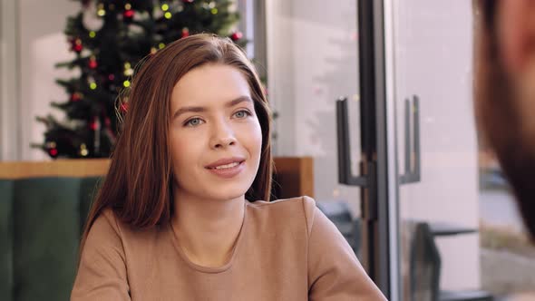 Portrait of Young Cheerful Woman Enjoying Date with Boyfriend Dating Together in Cafe Slow Motion