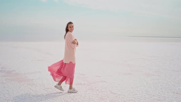 Full Length Beautiful Calm Romantic Woman in Pink Knitted Sweater in Beautiful Nature Landscape of
