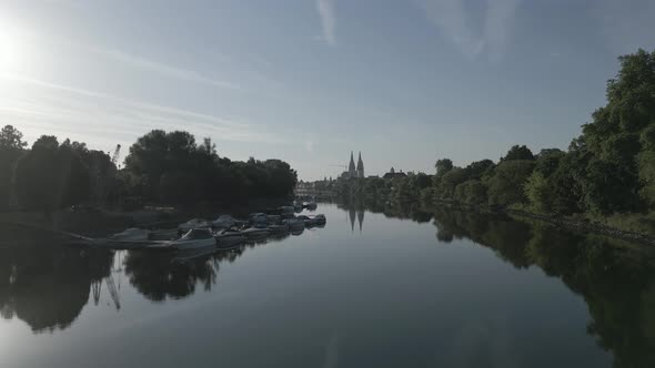 Aerial flight over the old town of Regensburg