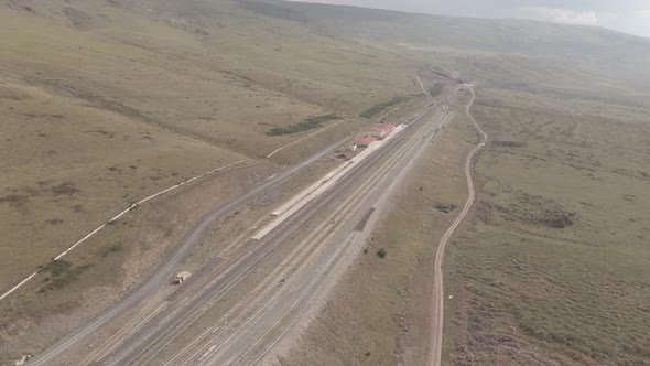 Samtskhe-Javakheti, Georgia - August 20 2021: Aerial view of Kartsakhi railway station