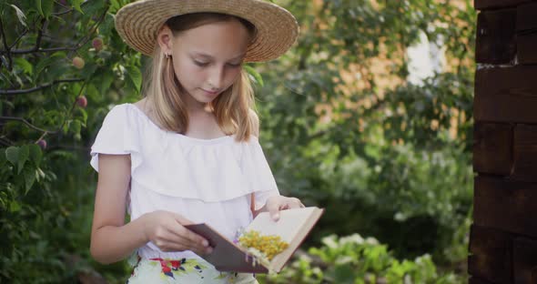Adorable Girl in Dress and Hat Reading Book in Summer Garden