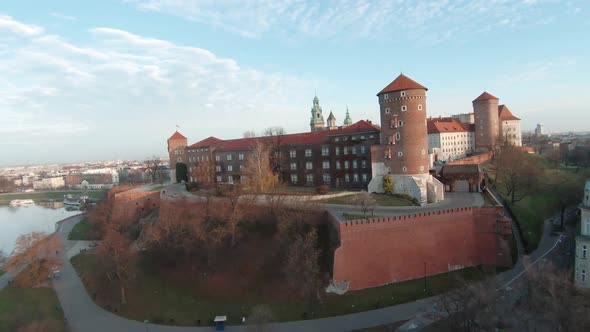 Aerial Flying Towards Wawel Royal Castle Krakow Poland