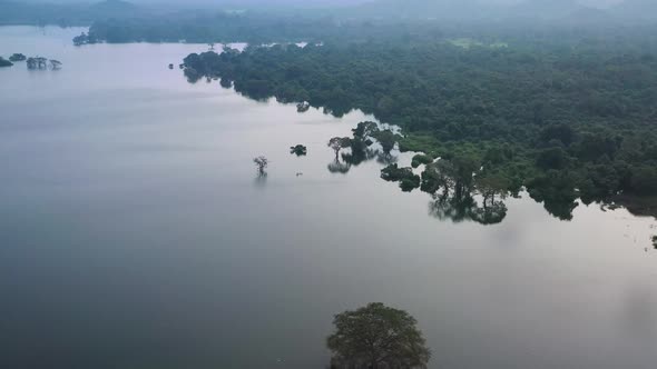 Aerial view of Sigiriya, a big lagoon with jungle in Sri Lanka