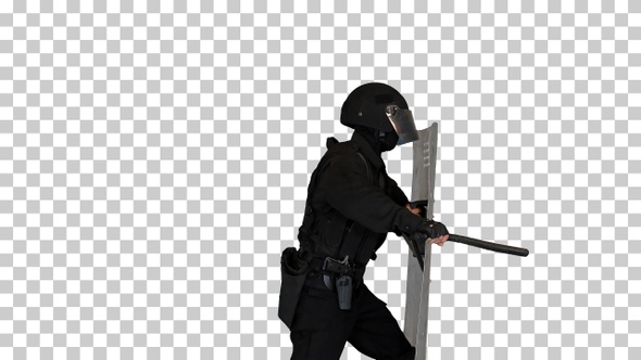 Policeman with full equipment for anti-riot, Alpha Channel