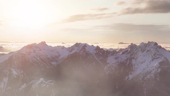 Aerial Panoramic View of Remote Canadian Mountain Landscape During Sunny Sunrise