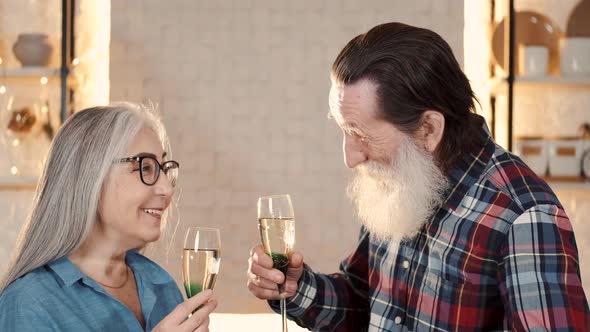 Smiling Senior Couple Toasting with Champagne in the Kitchen