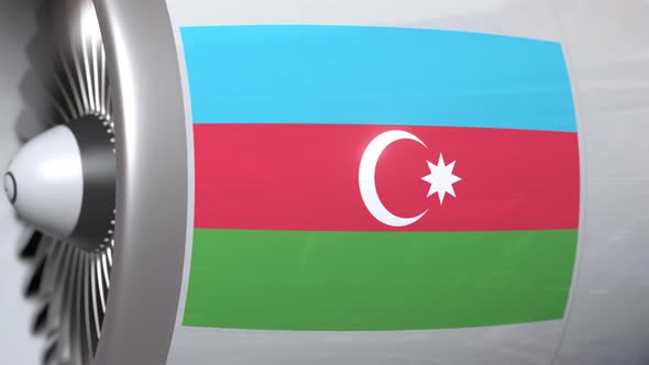 Flying Flag of Azerbaijan on Airplane Tourbine Engine alt