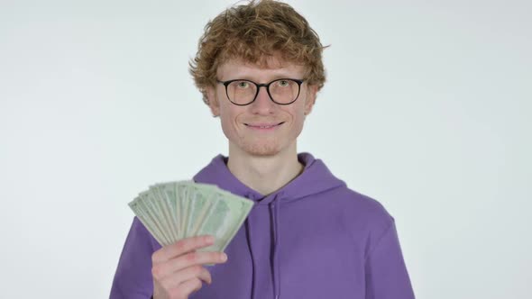 Redhead Young Man Offering Dollars White Background