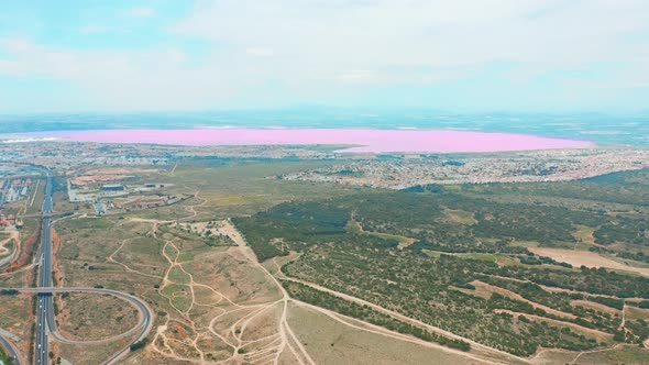 Panoramic Aerial View Video of Las Salinas, Bright Color Famous Place Pink Lake. Coastline of