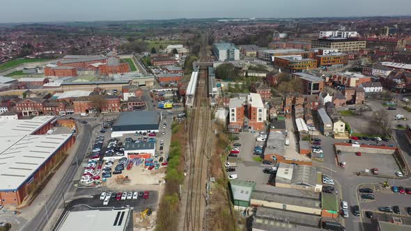 Top down aerial footage of the British town of Wakefield in West Yorkshire in the UK