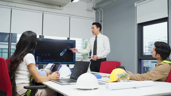 Asian young business people group have discussion meeting about robot technology in workplace office