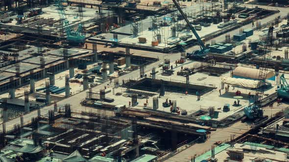 Time Lapse of Construction Site with Heavy Construction Machinery in Metropolis