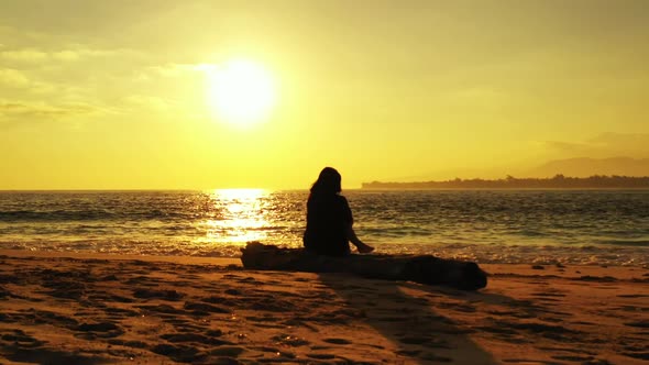 Female model suntans on exotic lagoon beach journey by blue ocean with clean sand background of the 