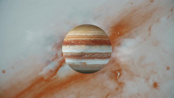 Jupiter in space with bright background of universe. Planet slowly rotating in colorful solar system