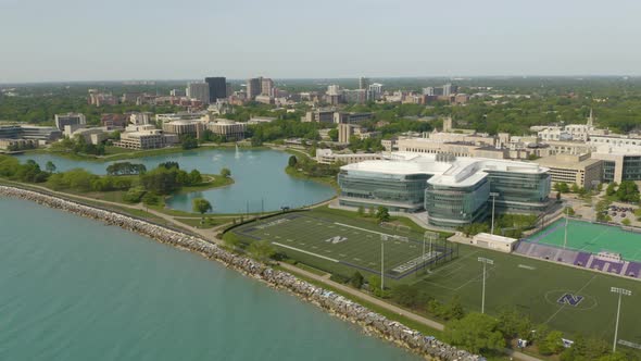 High Aerial View Above Northwestern University College Campus in Summer