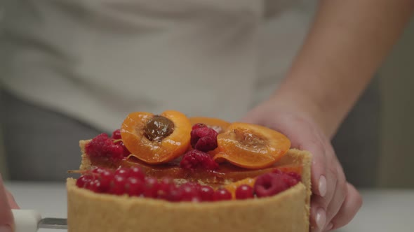 Chef's Hands Holding Half of Cheesecake with Raspberries Apricot Fruits and Currant