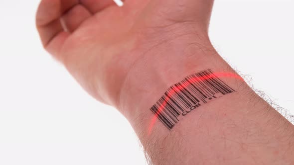 the Scanner Scans the Wrist of a Person with a Barcode Labeled Clone 1