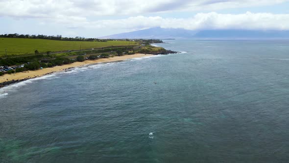 Sandy Touristic Beach Coastline on Beautiful Hawaii Island of Maui - Aerial