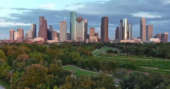 Low angle drone view of downtown Houston skyline. This video was filmed in 6k and down scaled to 4k