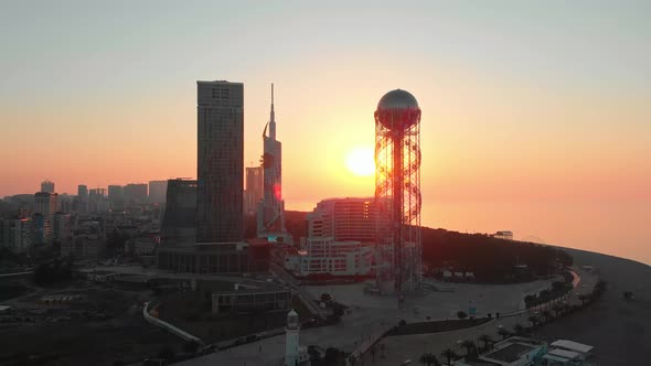 Golden Romantic Sunset In Batumi From Aerial Perspective