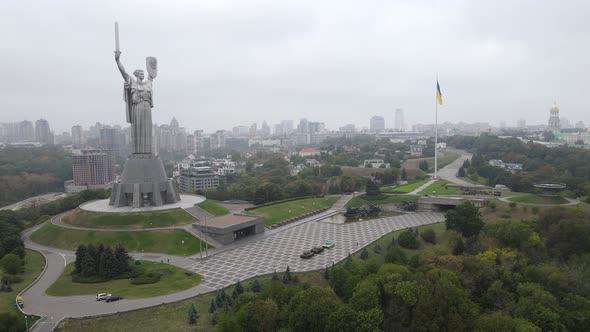 Symbol of Kyiv, Ukraine: Motherland Monument. Aerial View, Slow Motion. Kiev