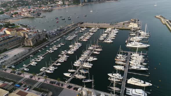 Boats moored in sea. Cascais, Portugal 4k