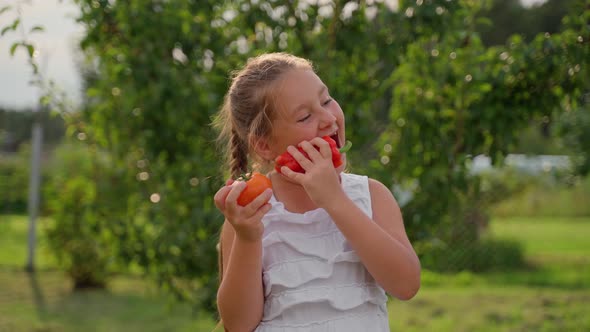 Portrait cute girl biting vegetable pepper at garden. Young school aged child person lick vegetables