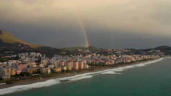 Rainbow at Sea and City Aerial View 4 K