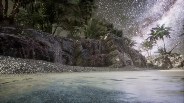 Beautiful Fantasy Tropical Beach with Milky Way Star in Night Skies