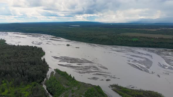 4K Drone Video of Chulitna River and Boreal Forest near Denali State Park in Alaska