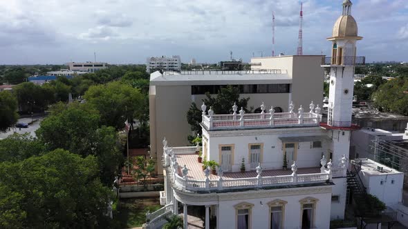 Closeup aerial of the el Minaret mansion on the Paseo de Montejo in Merida, Yucatan, Mexico.