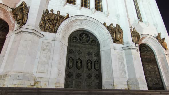 Entrance To Cathedral of Christ Saviour Illuminated at Dusk. Timelapse Hyperlapse, Russia