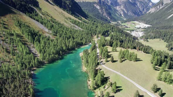 Aerial View Mountain Valley with Alpine Palpuogna Lake in Albulapass Swiss Alps