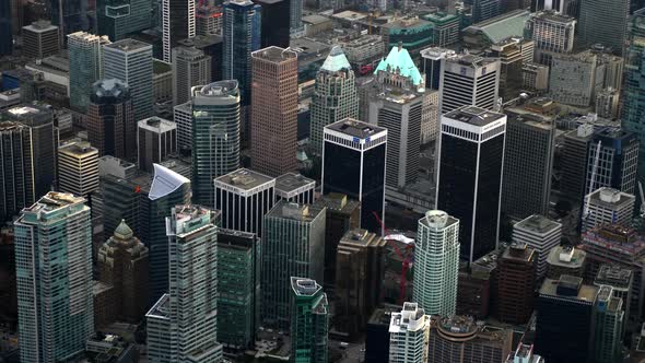 Aerial View Of Downtown Vancouver With Skyscrapers And High-rise Buildings In BC, Canada.