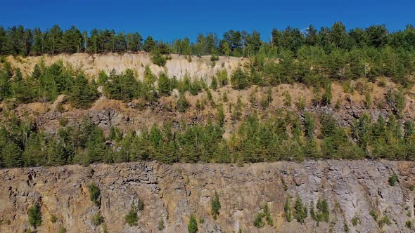 Green nature landscape. Aerial view moving forward to pine woods forest and mountain