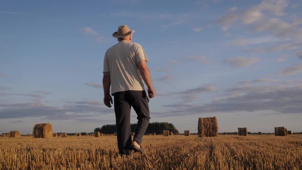 Farmer Man In Hat Walking Through Agricultural Field With Haystacks At Sunset