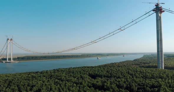 Construction Of Suspension Bridge Over Danube River Connecting Braila And Tulcea In Romania. drone a