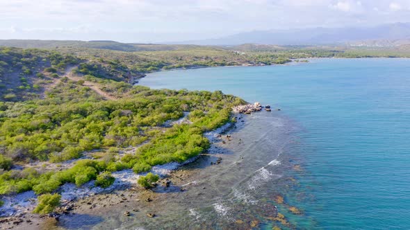 Tropical untouched coastline of Dominican Republic, sunny day, aerial