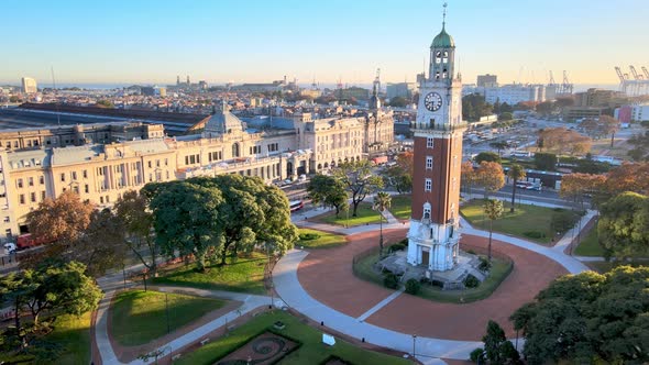 Aerial arc around iconic Torre Monumental (Argentine Big Ben), Buenos Aires