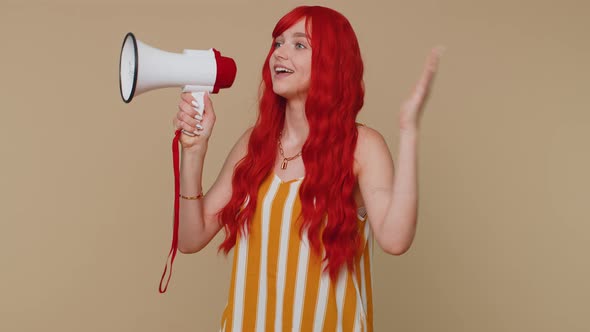 Smiling Ginger Girl Talking with Megaphone Proclaiming News Loudly Announcing Sale Advertisement