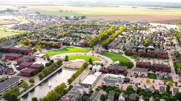 Colorful Urban Small Town Sunset Birds Eye View Aerial 4K