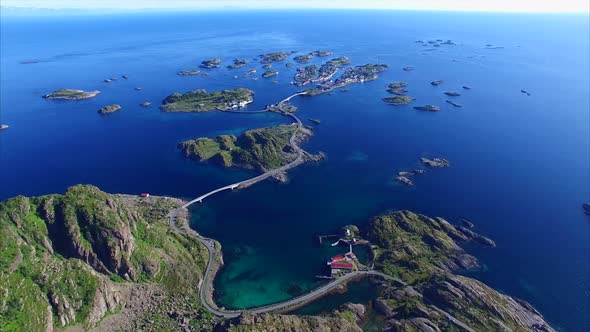 Aerial footage of town Henningsvaer on Lofoten islands