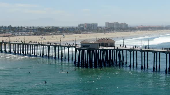 Aerial View of Huntington Pier, Beach and Coastline During Sunny Summer Day